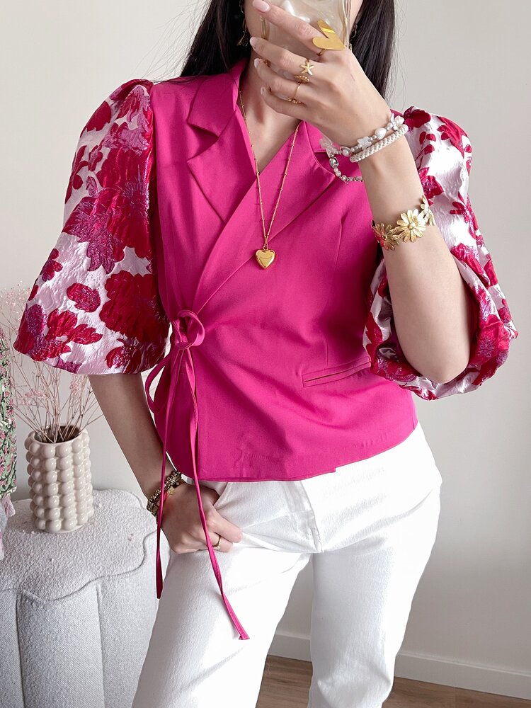 Amaya Jacquard Flower Puff Blazer / Red & Pink