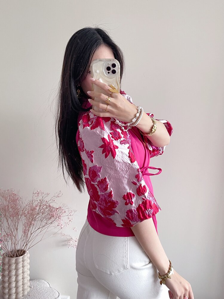 Amaya Jacquard Flower Puff Blazer / Red & Pink