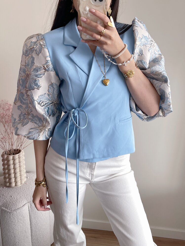 Amaya Jacquard Flower Puff Blazer / Light Blue