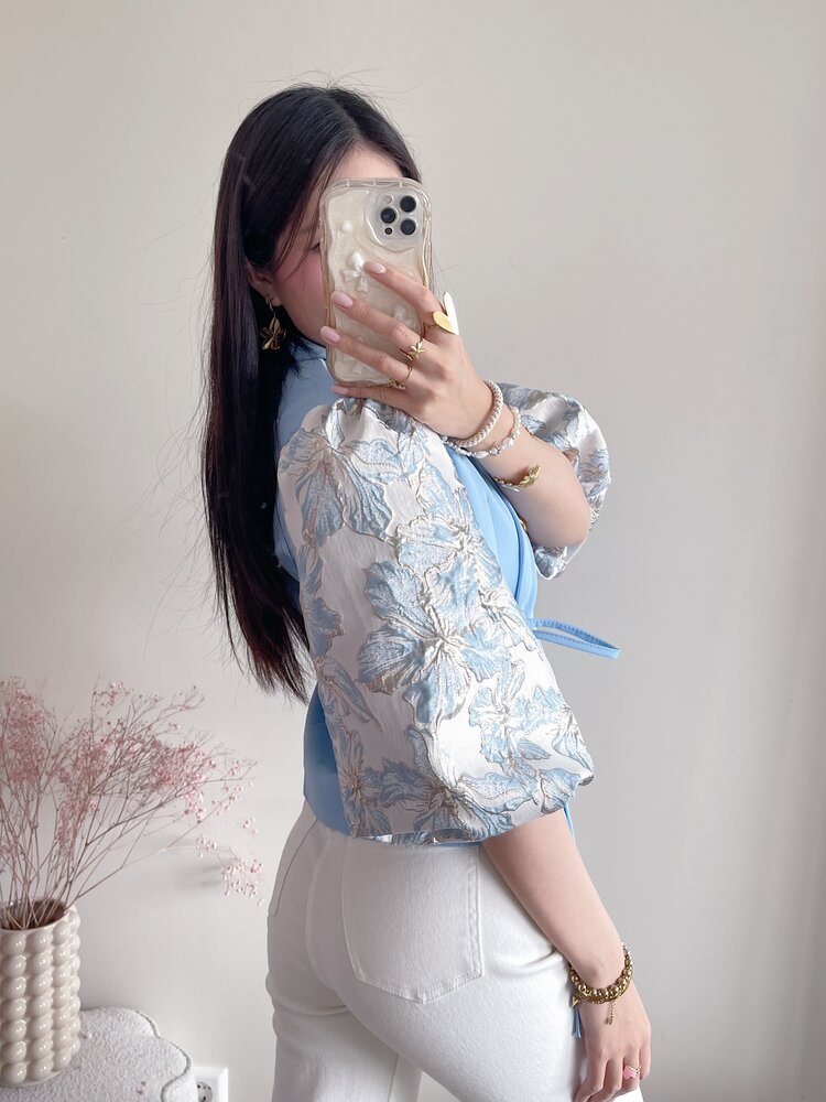 Amaya Jacquard Flower Puff Blazer / Light Blue