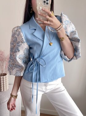 Amaya Jacquard Flower Puff Blazer / Light Blue