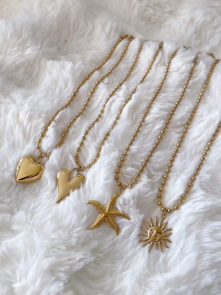 Gold Ball Chain Necklace / Flat Heart