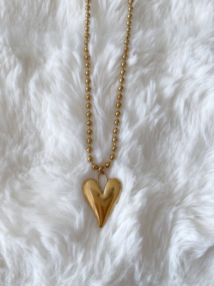 Gold Ball Chain Necklace / Flat Heart