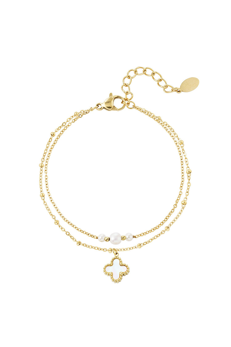 Gold Pearl Clover Double Chain Bracelet / White