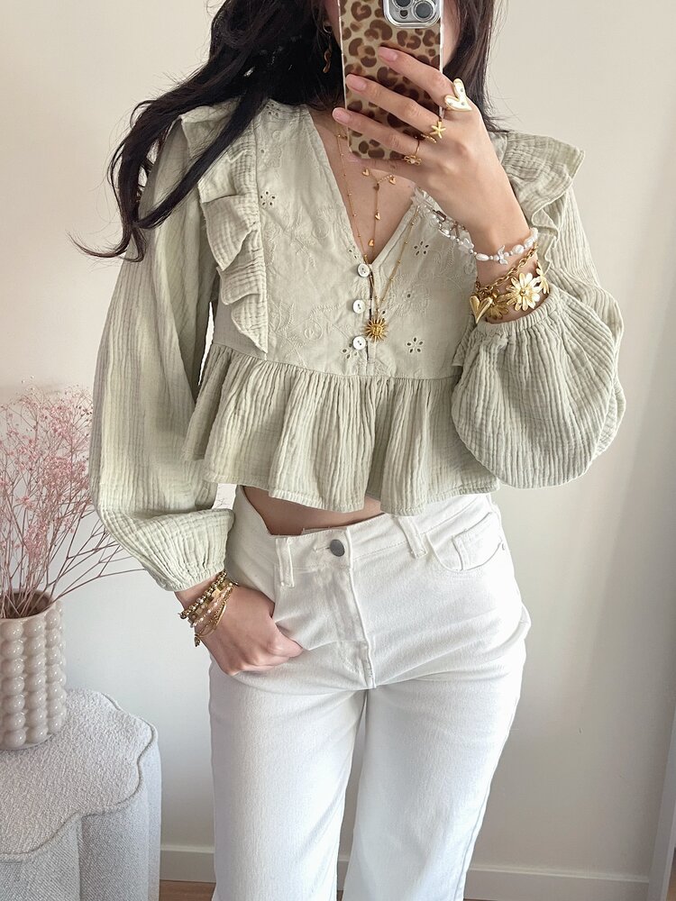 Millane Embroidered Blouse / Sage Green