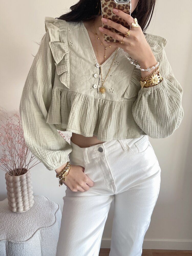 Millane Embroidered Blouse / Sage Green