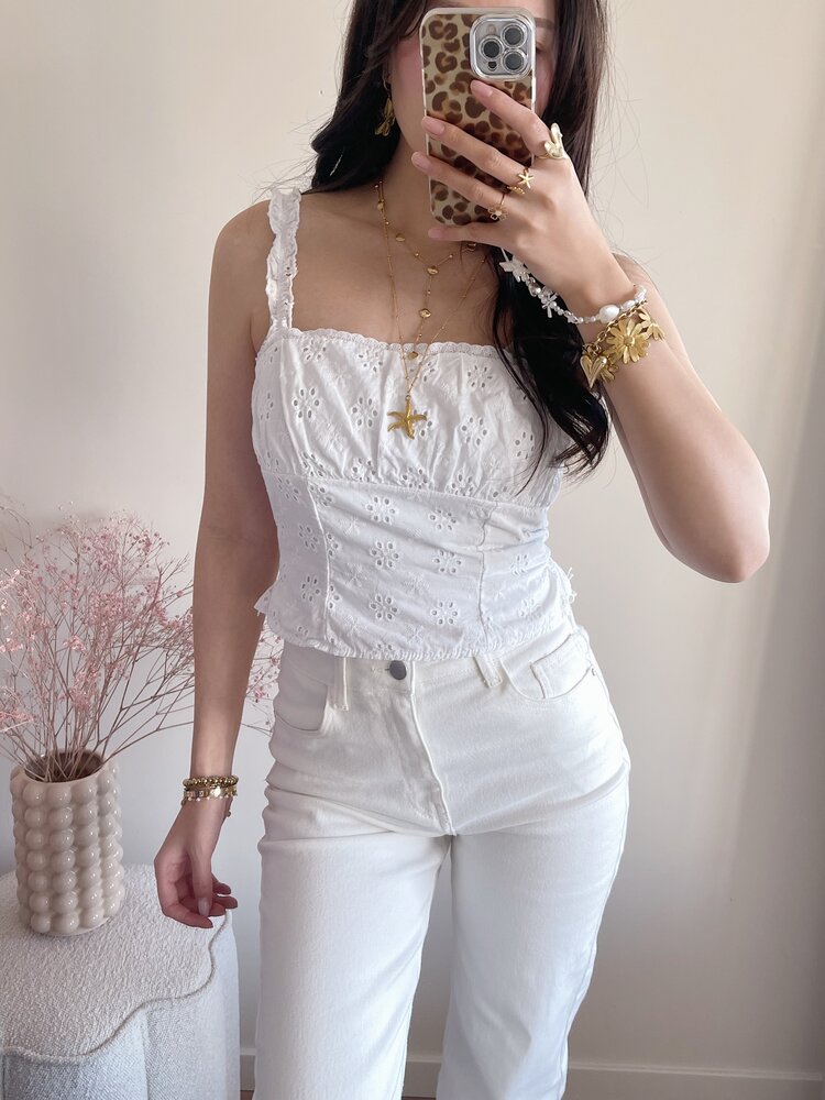 Ghislaine Embroidered Frill Cami Top / White