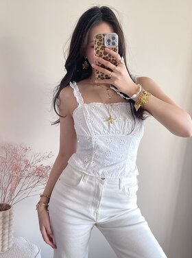 Ghislaine Embroidered Frill Cami Top / White