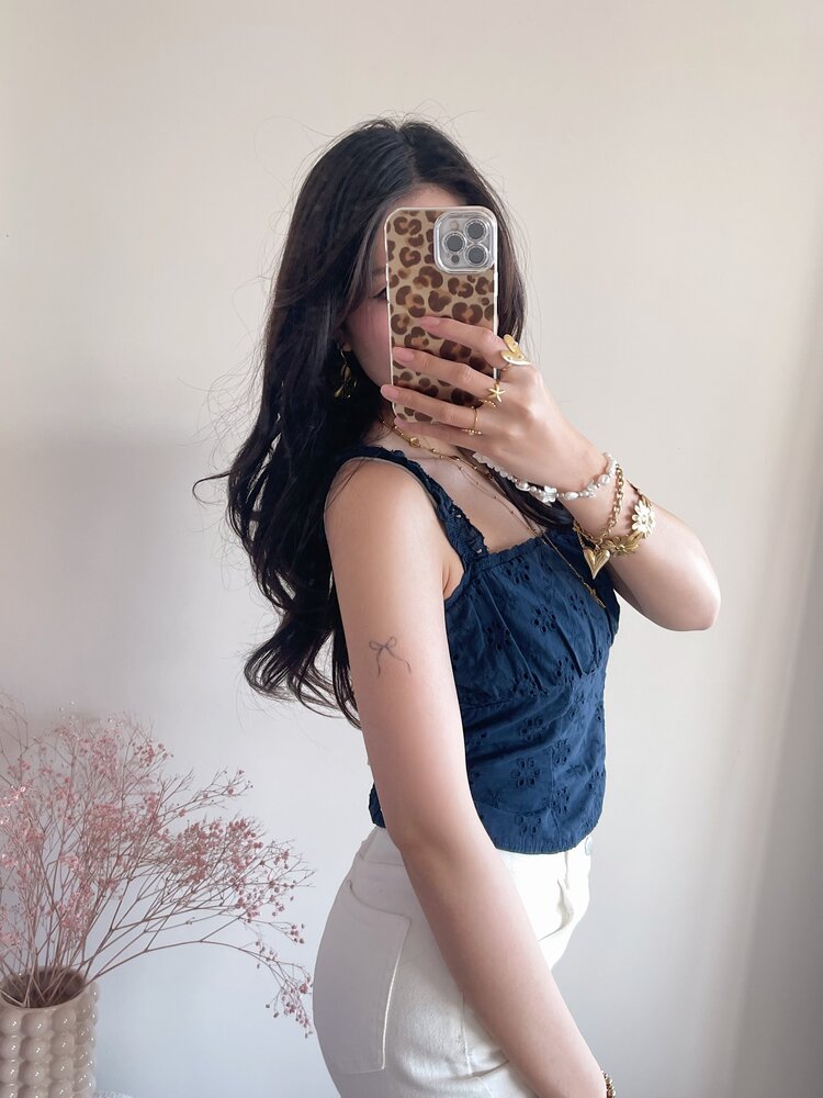 Ghislaine Embroidered Frill Cami Top / Navy Blue