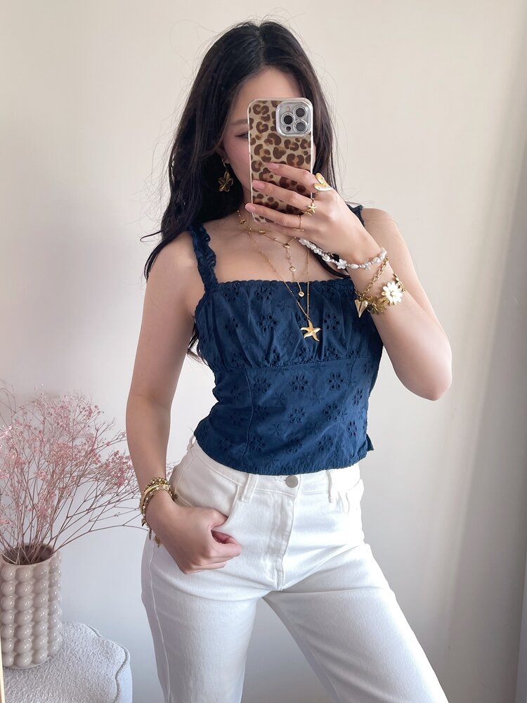 Ghislaine Embroidered Frill Cami Top / Navy Blue