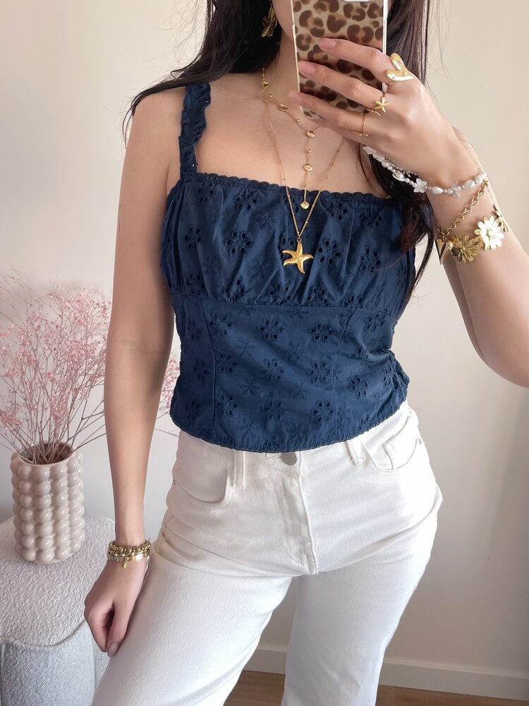 Ghislaine Embroidered Frill Cami Top / Navy Blue