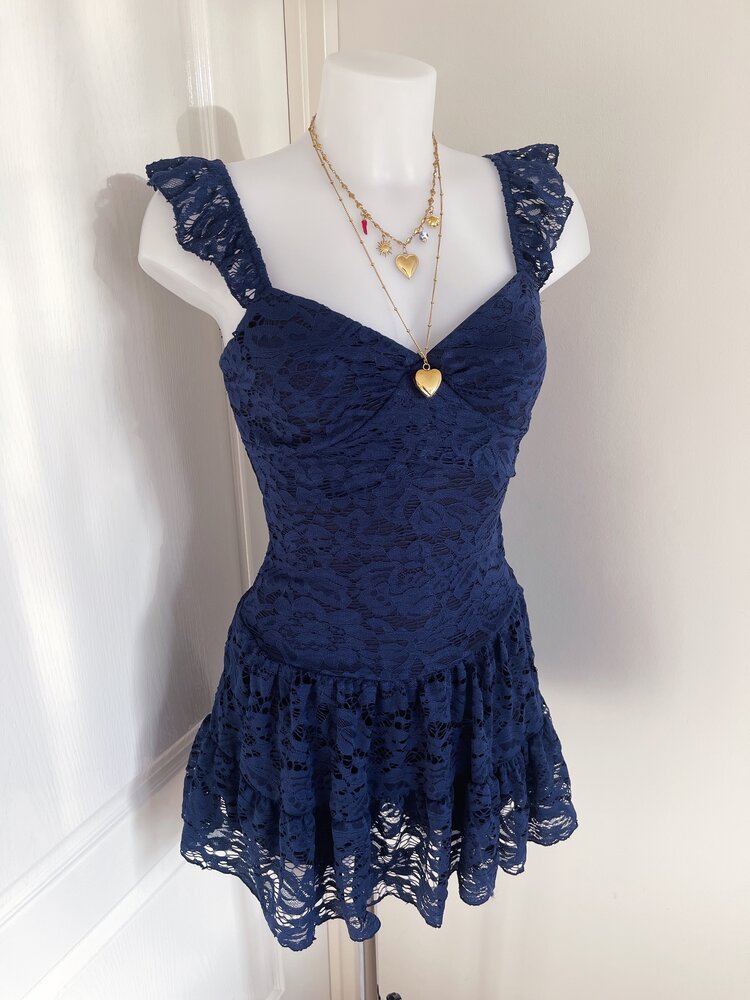Gemma Lace Ruffle Dress / Navy Blue