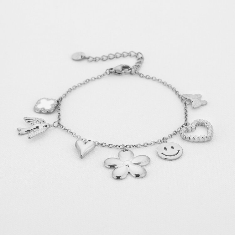 Silver Happy Flowery Charm Bracelet