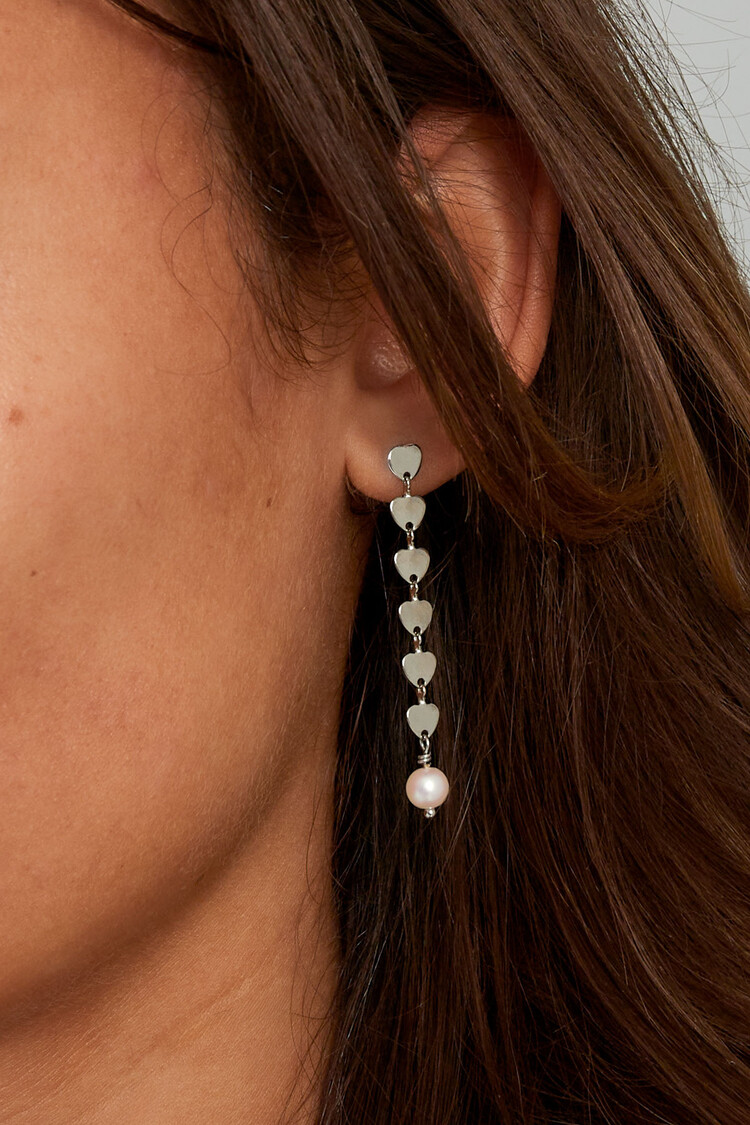 Silver Long Heart Dangle Earrings / Pearl