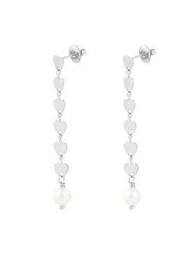 Silver Long Heart Dangle Earrings / Pearl