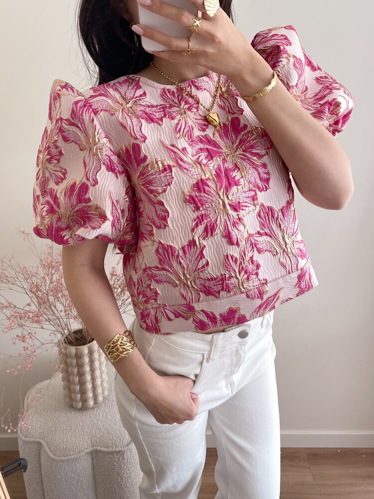 Lilli Jacquard Floral Puff Top / Fuchsia Pink