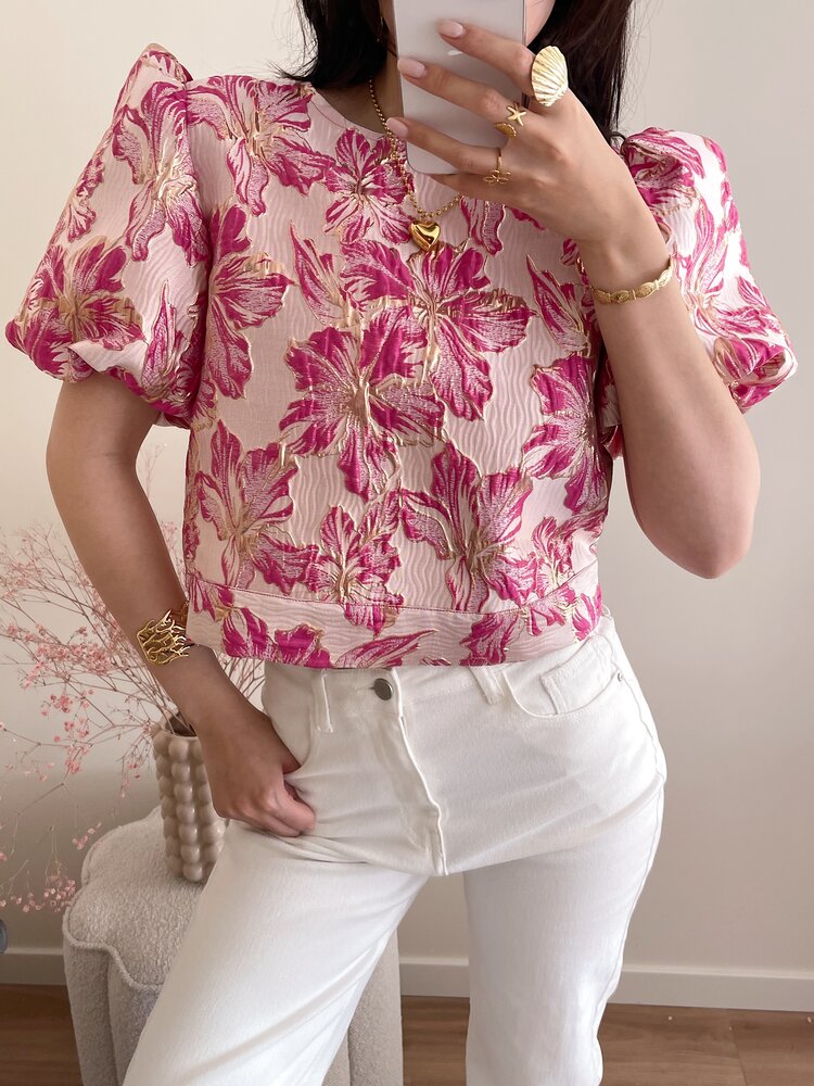 Lilli Jacquard Floral Puff Top / Fuchsia Pink