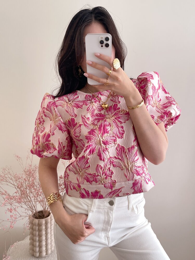 Lilli Jacquard Floral Puff Top / Fuchsia Pink