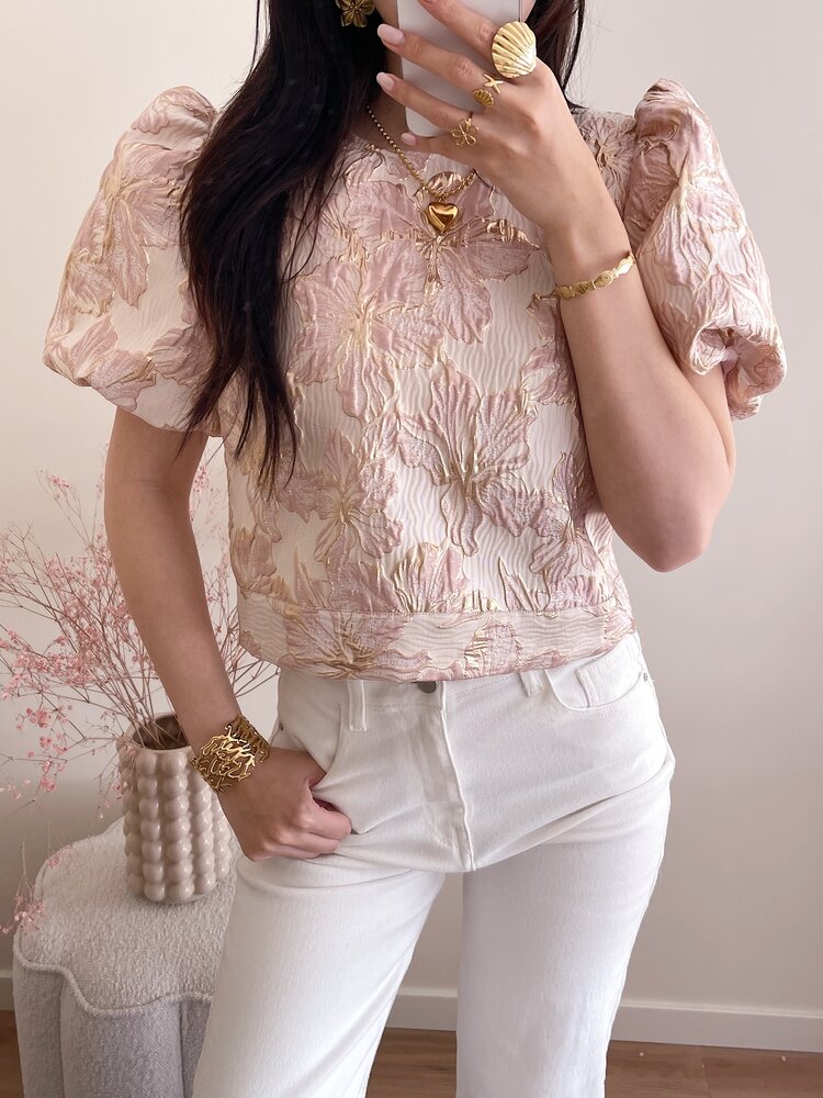 Lilli Jacquard Floral Puff Top / Beige Pink