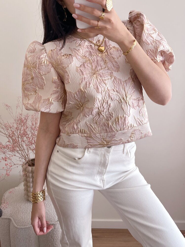 Lilli Jacquard Floral Puff Top / Beige Pink