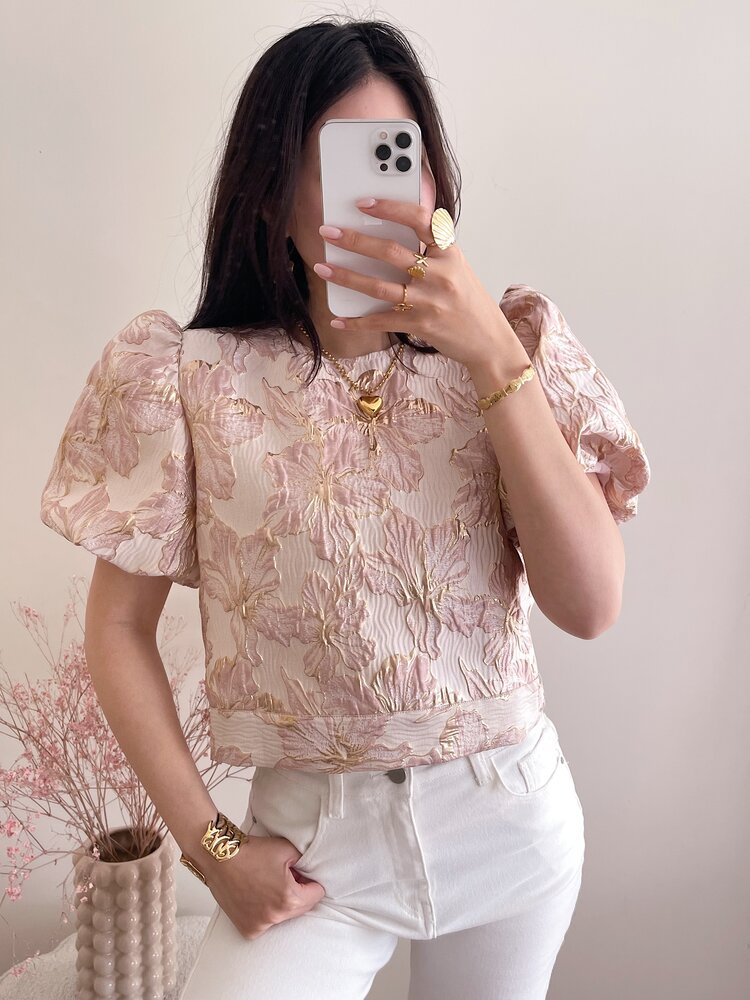 Lilli Jacquard Floral Puff Top / Beige Pink