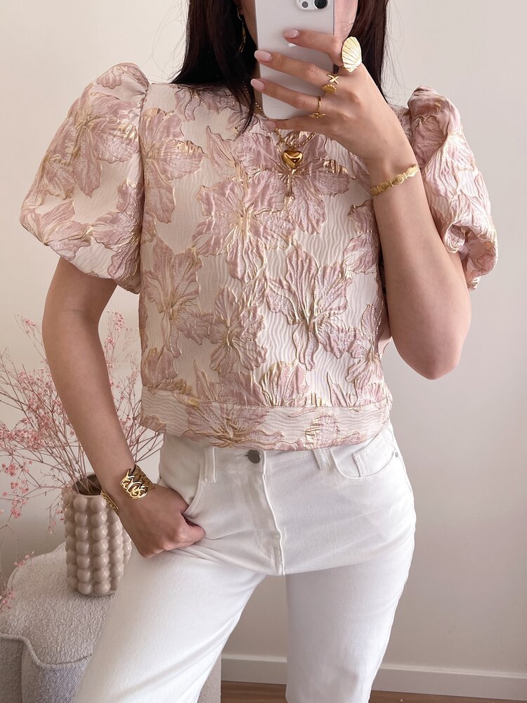 Lilli Jacquard Floral Puff Top / Beige Pink