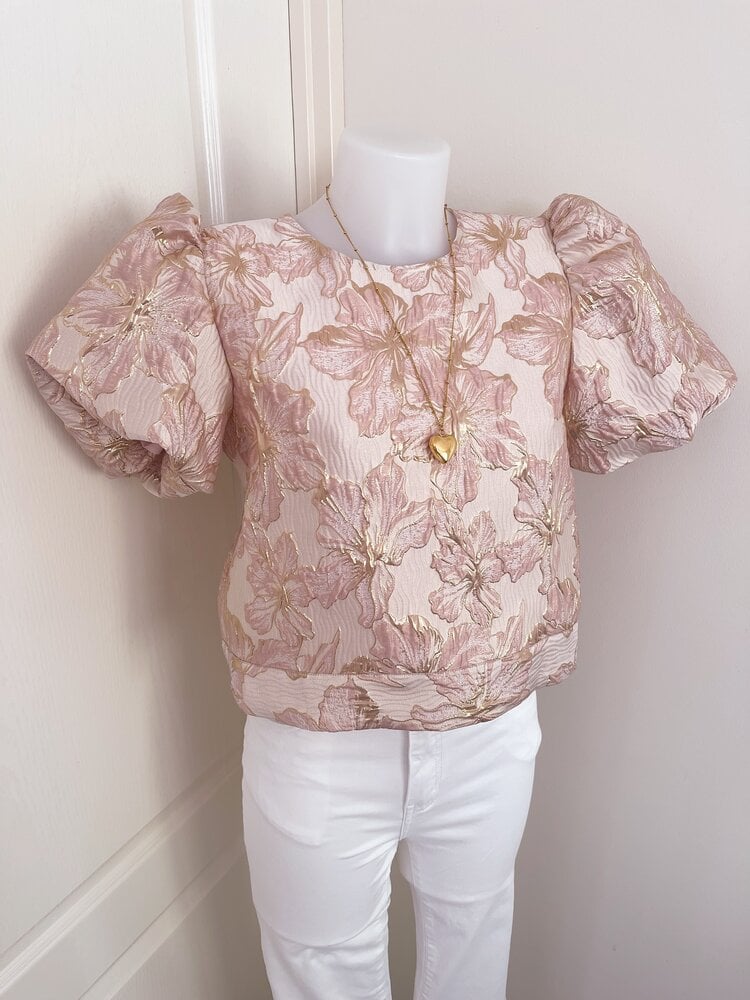 Lilli Jacquard Floral Puff Top / Beige Pink