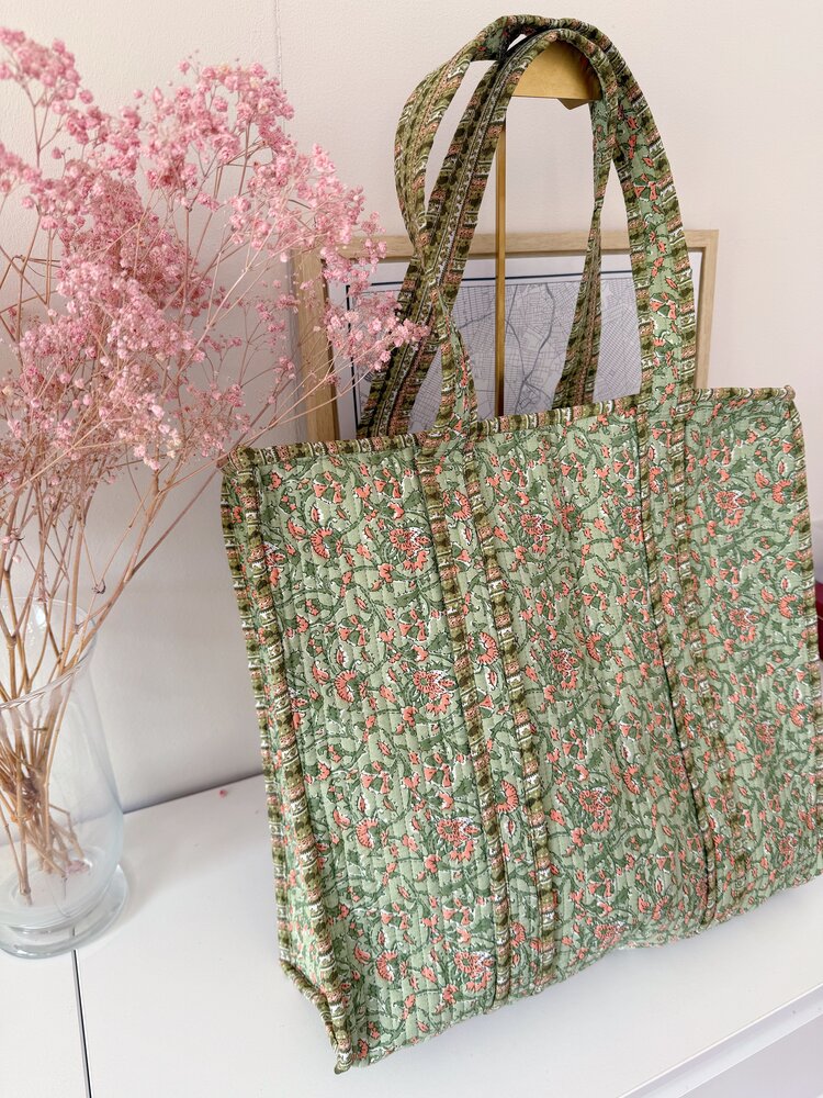 Macie Flower Shopper Bag / Green & Coral