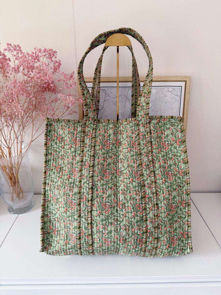 Macie Flower Shopper Bag / Green & Coral