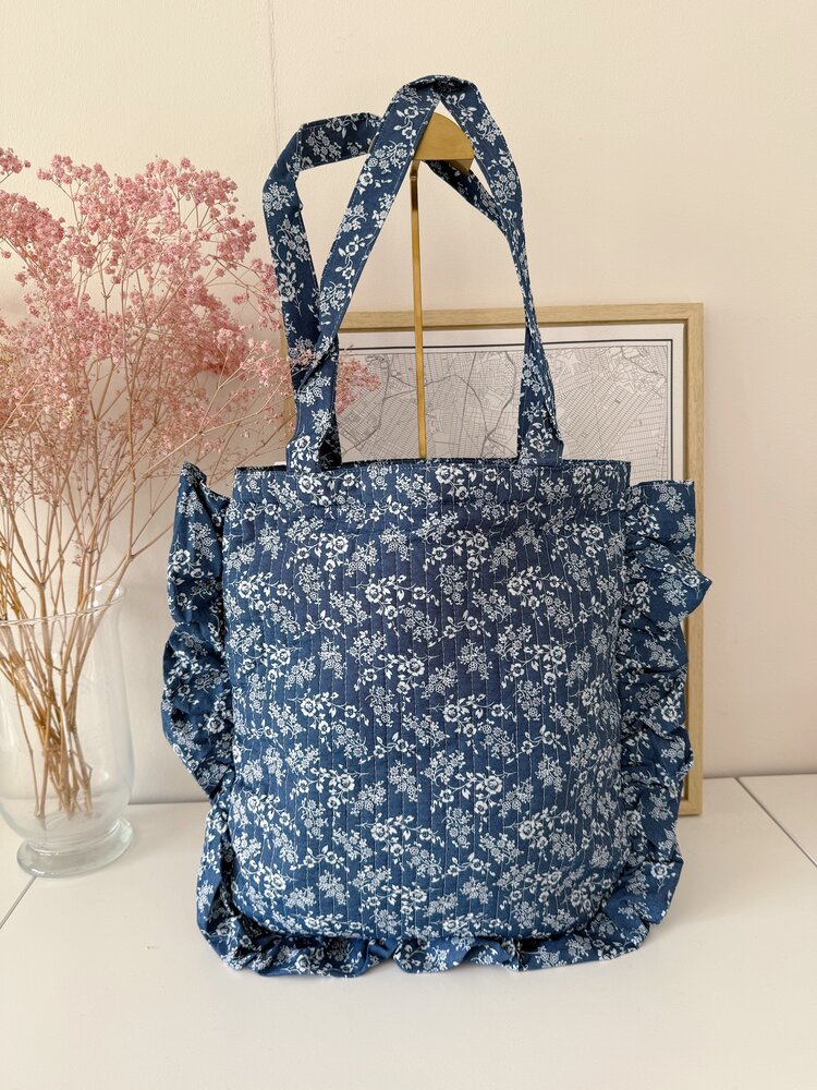 Jessika Flower Ruffle Tote Bag / Dark Denim Blue