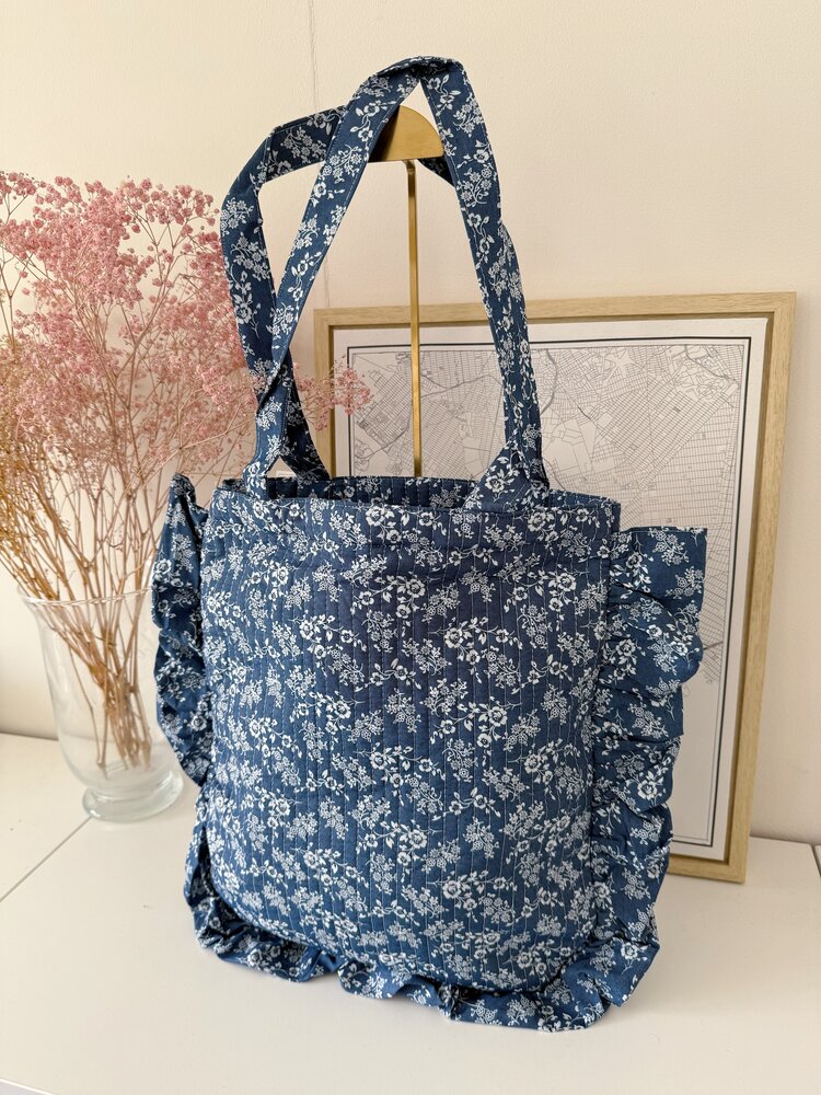 Jessika Flower Ruffle Tote Bag / Dark Denim Blue