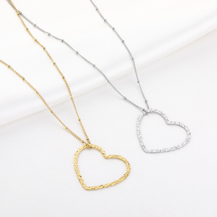 Silver Open Heart Long Dots Necklace