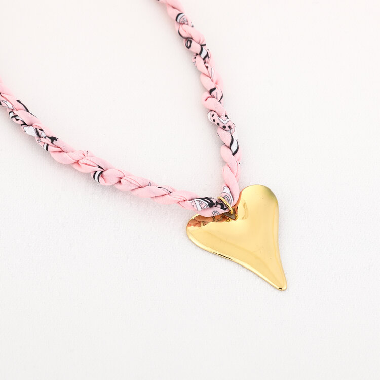 Gold Bandana Heart Necklace / Light Pink