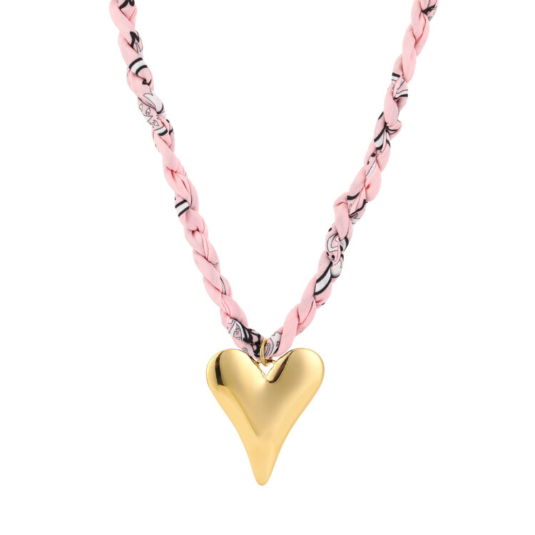 Gold Bandana Heart Necklace / Light Pink