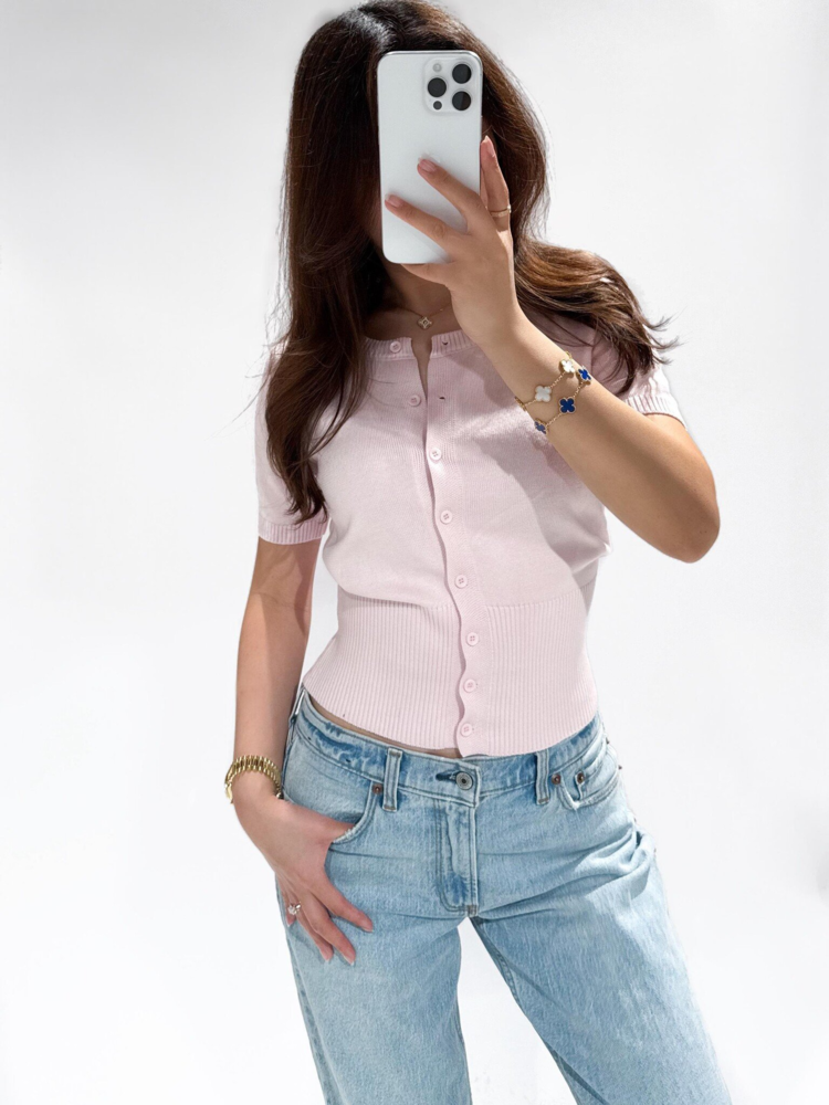 Savanna Short Sleeve Cardigan / Light Pink