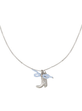 Silver Cowboy Boot Bow Necklace / Blue