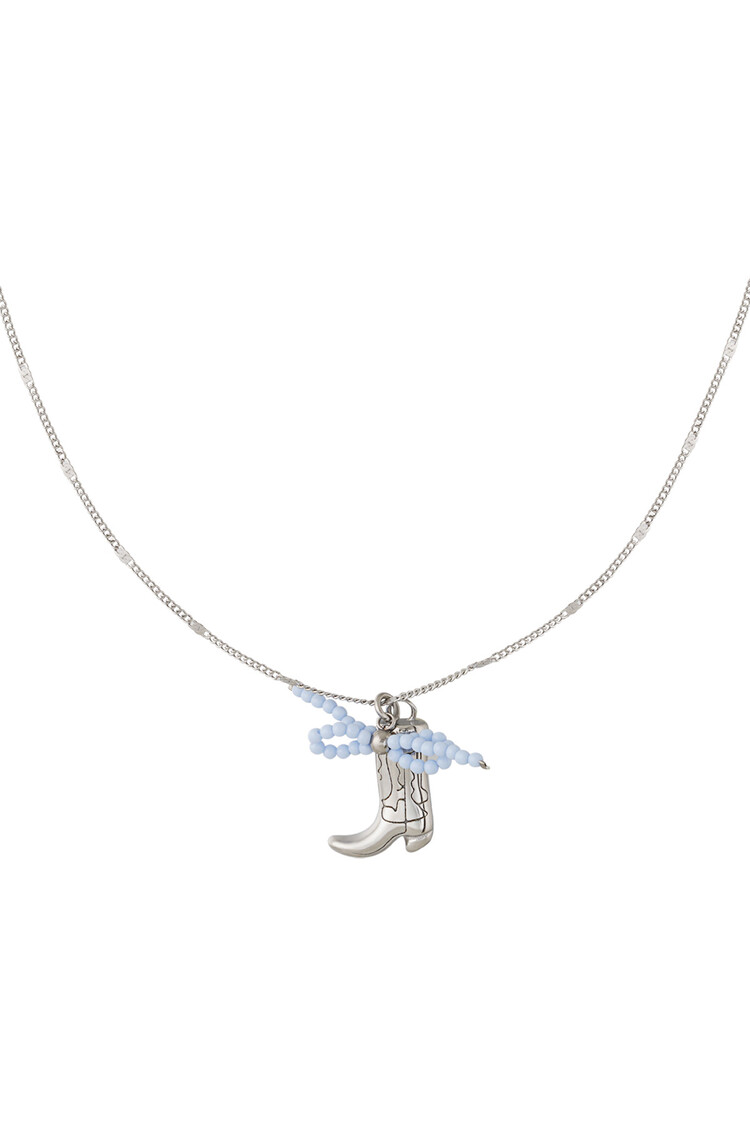 Silver Cowboy Boot Bow Necklace / Blue