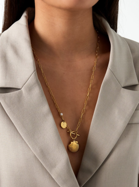 Gold Shell Charm Pin Long Necklace