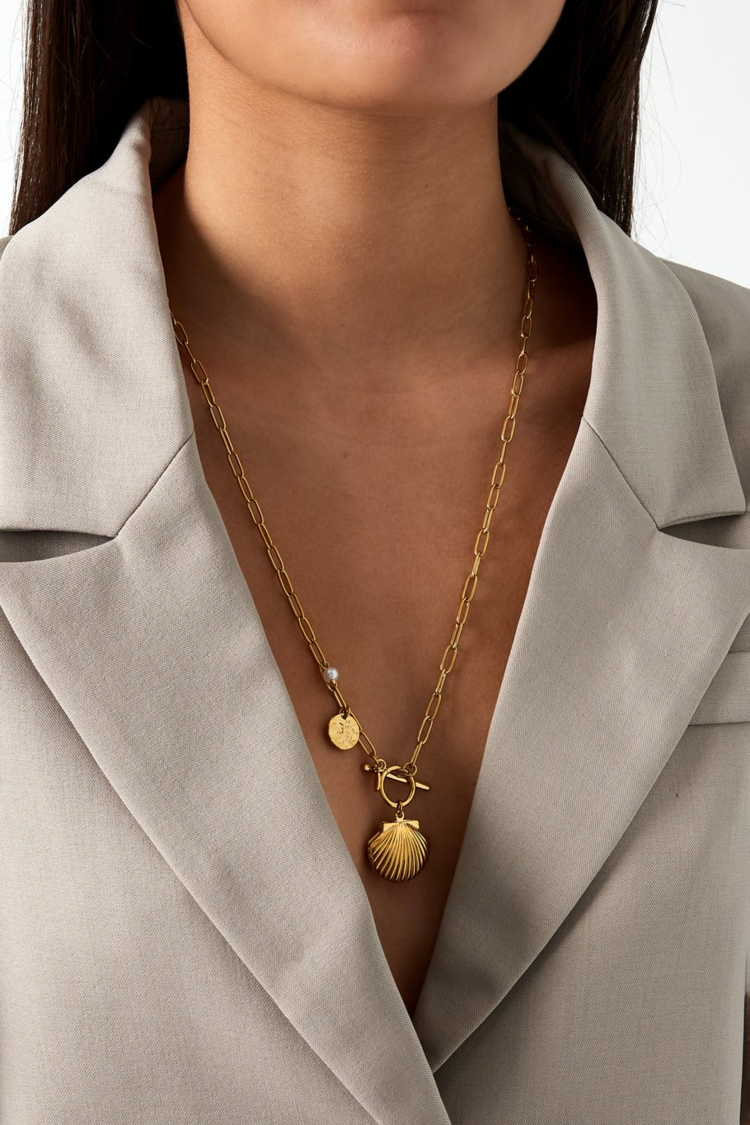 Gold Shell Charm Pin Long Necklace