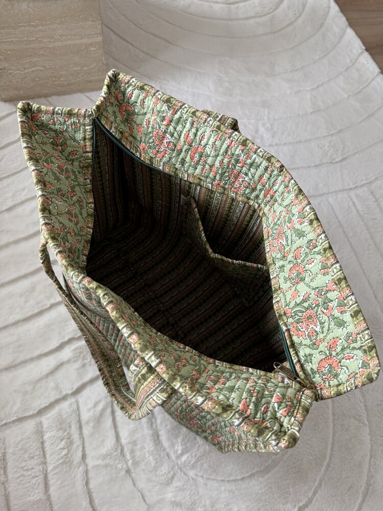 Macie Flower Shopper Bag / Green & Coral