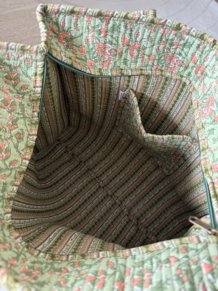 Macie Flower Shopper Bag / Green & Coral