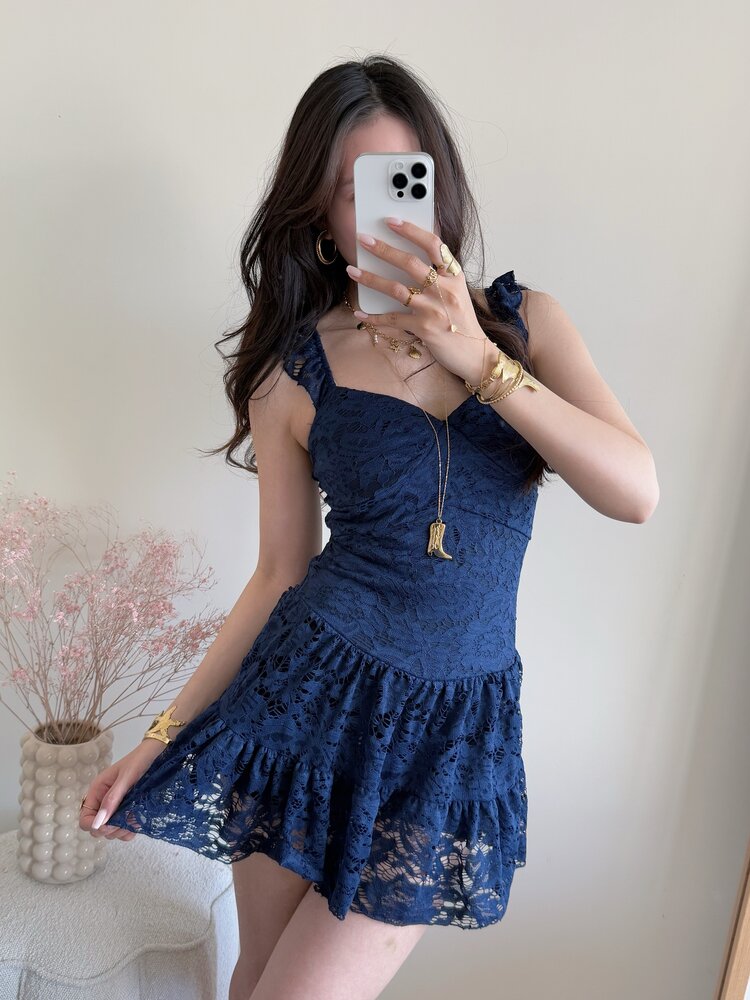 Gemma Lace Ruffle Dress / Navy Blue
