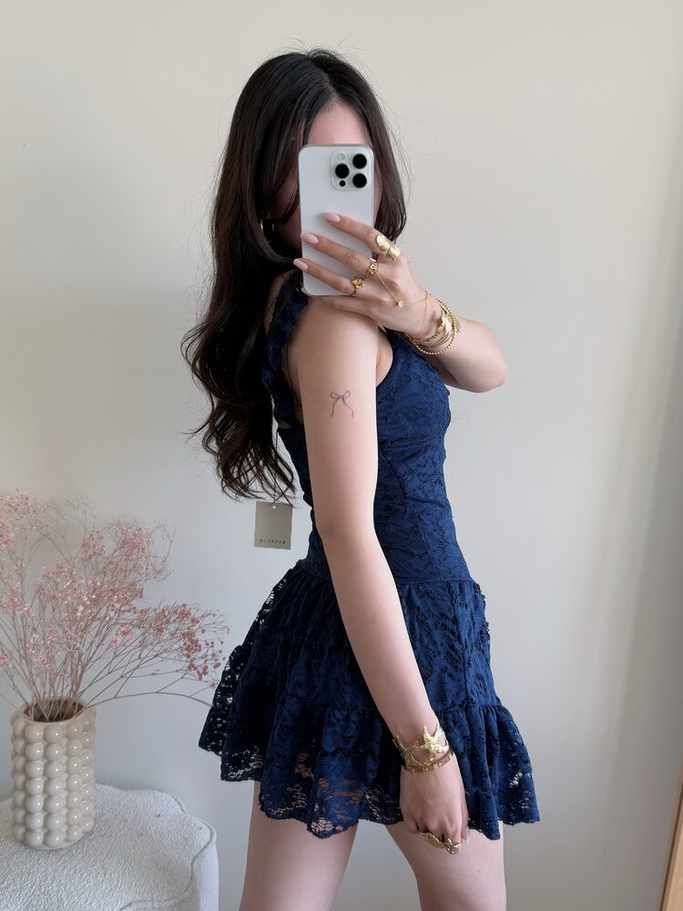 Gemma Lace Ruffle Dress / Navy Blue