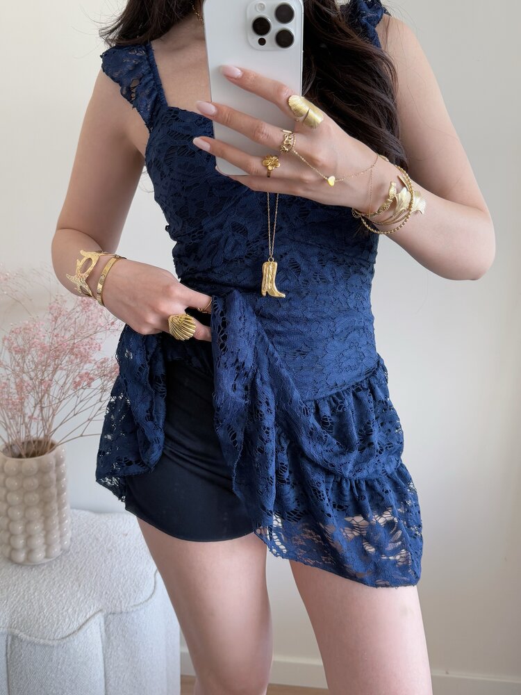 Gemma Lace Ruffle Dress / Navy Blue