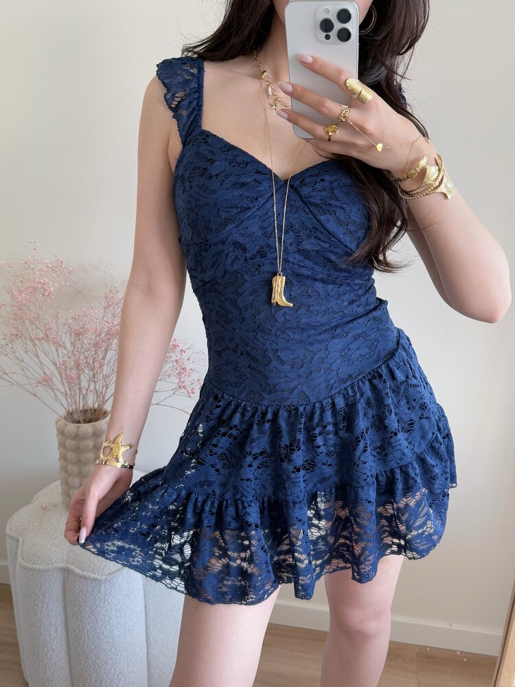 Gemma Lace Ruffle Dress / Navy Blue