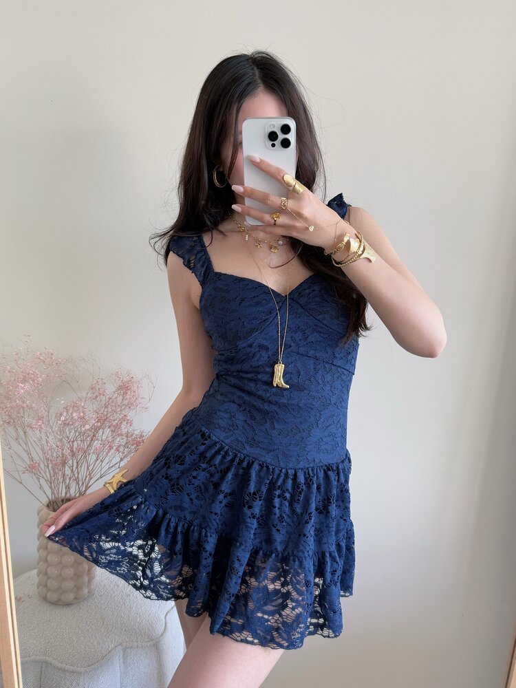 Gemma Lace Ruffle Dress / Navy Blue