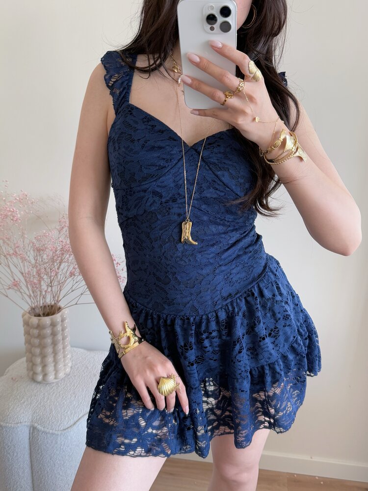 Gemma Lace Ruffle Dress / Navy Blue