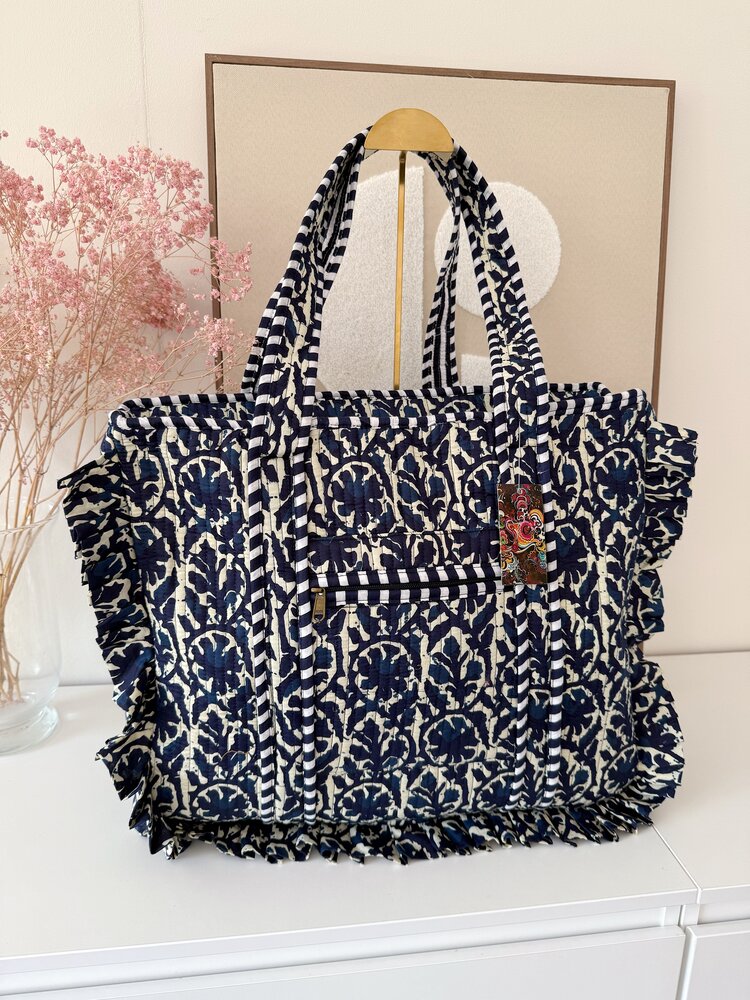 Aria Ruffle Flower Shopper Bag / Navy Blue