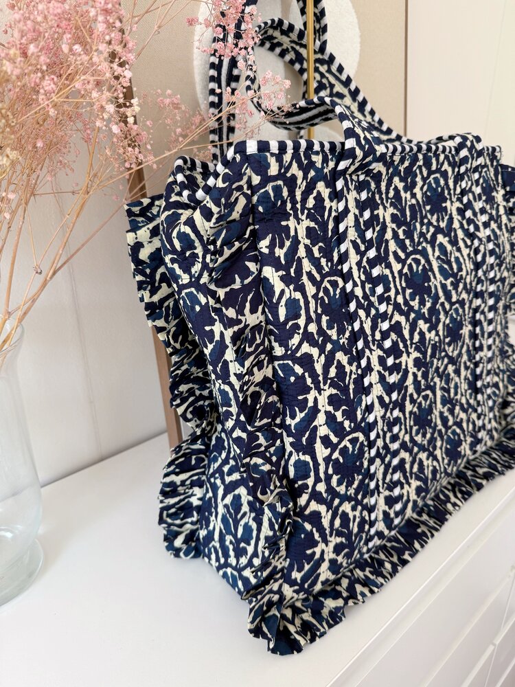 Aria Ruffle Flower Shopper Bag / Navy Blue