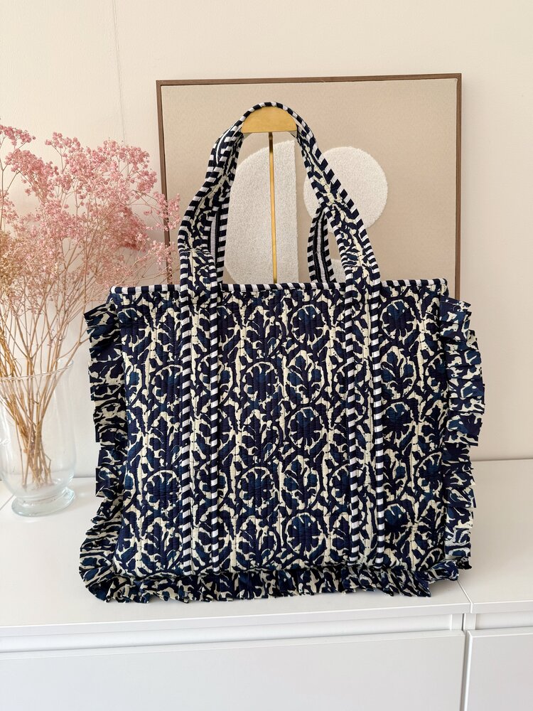 Aria Ruffle Flower Shopper Bag / Navy Blue